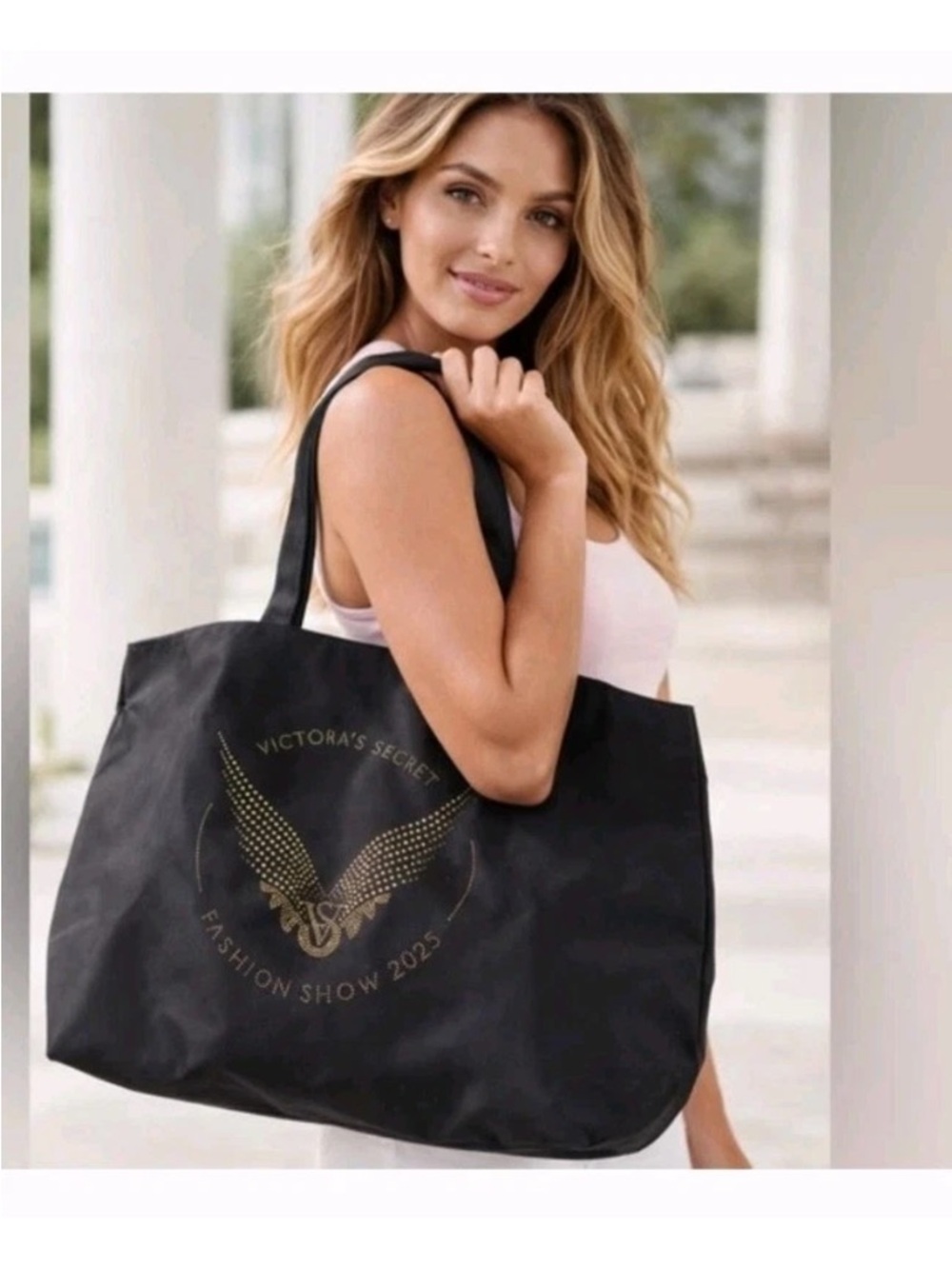 Victoria's Secret Black Tote with Gold Wing Emblem - Fashion Show 2025